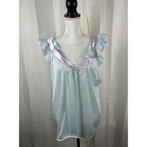 Vintage Pastel Girly Monique Frilly V-Neck Satin Floral Sleepwear Sleep Top -Med